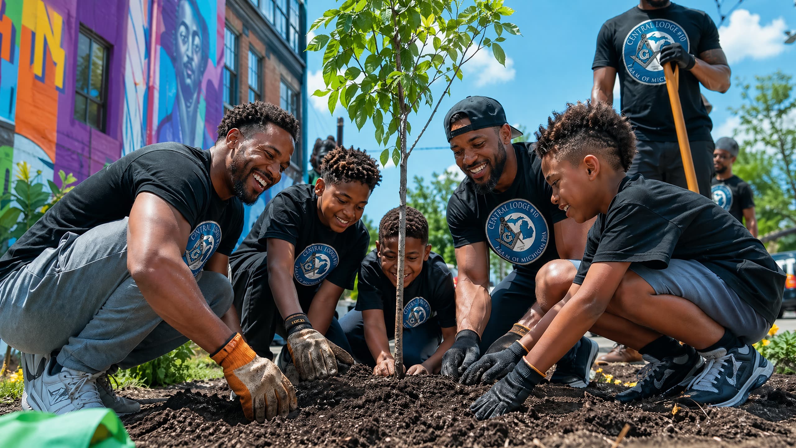 Central Lodge No. 10 Brothers and youth planting a tree together in Kalamazoo